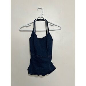 Vtg Bebe Dark Wash Denim Halter‎ Peplum Top Back Tie Low Back Size 4